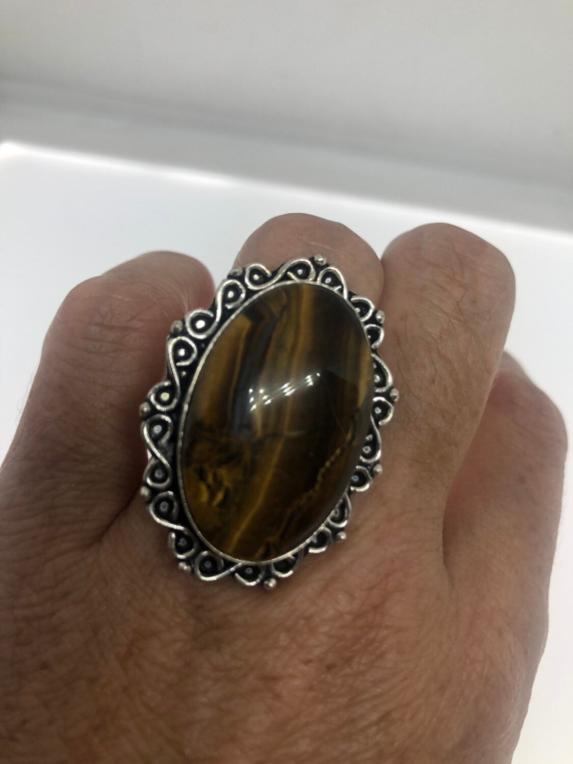 Vintage Tigers Eye Silver Cocktail Ring Size 7