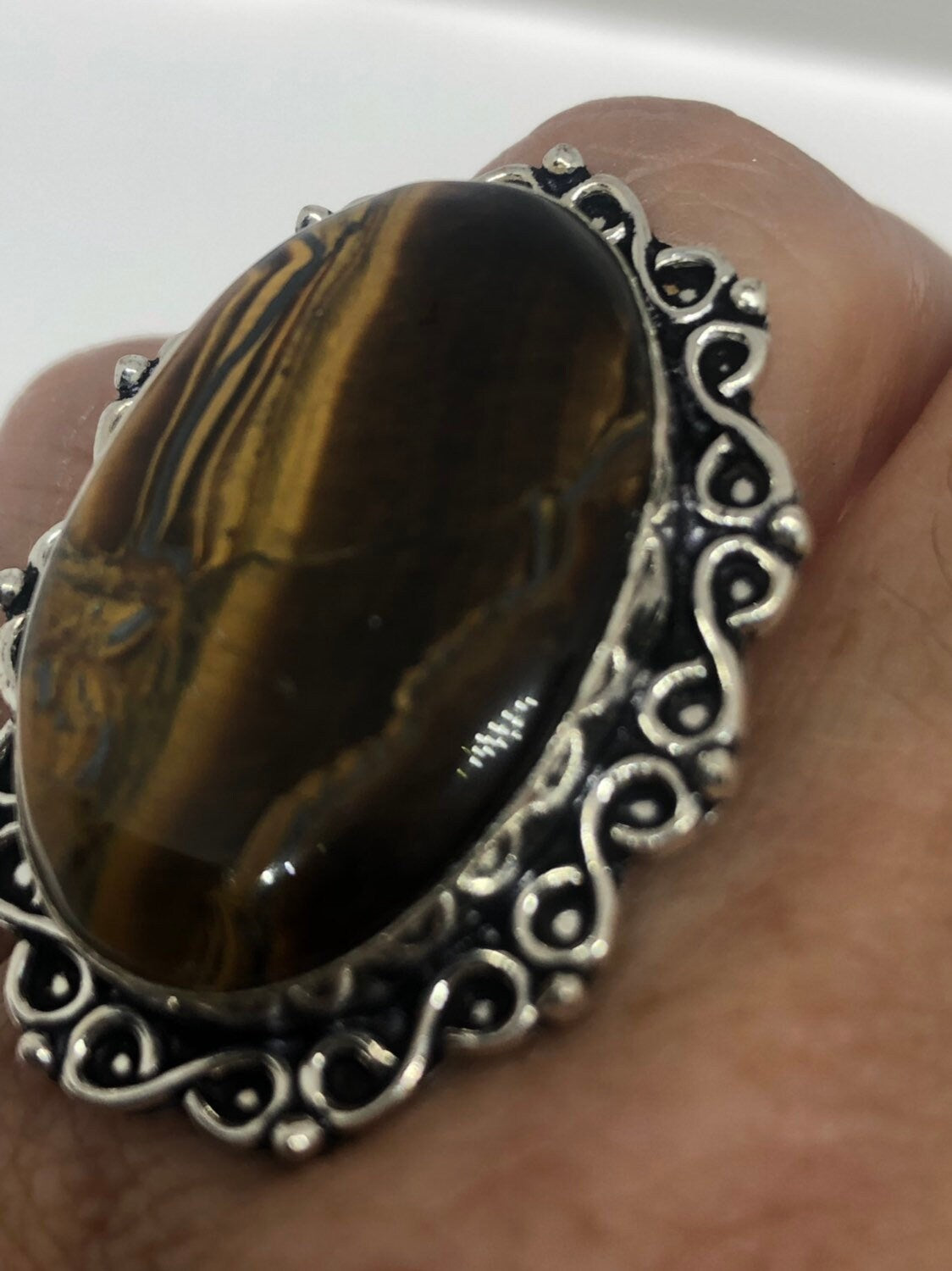 Vintage Tigers Eye Silver Cocktail Ring Size 7