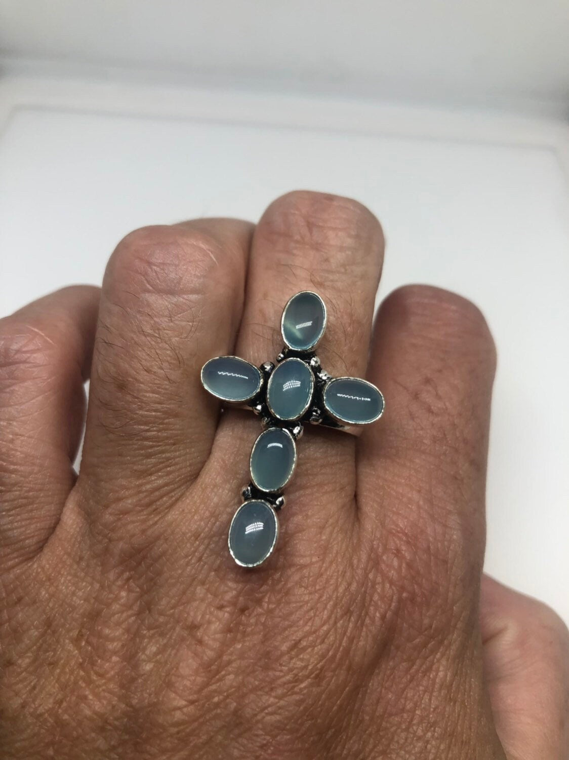 Vintage Genuine Blue chalcedony Cross Silver Ring