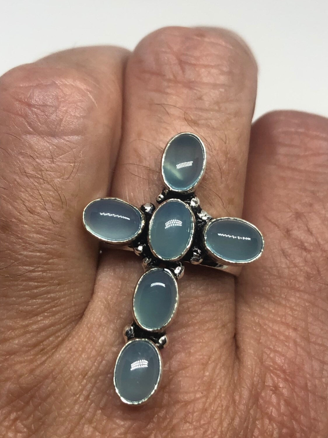 Vintage Genuine Blue chalcedony Cross Silver Ring