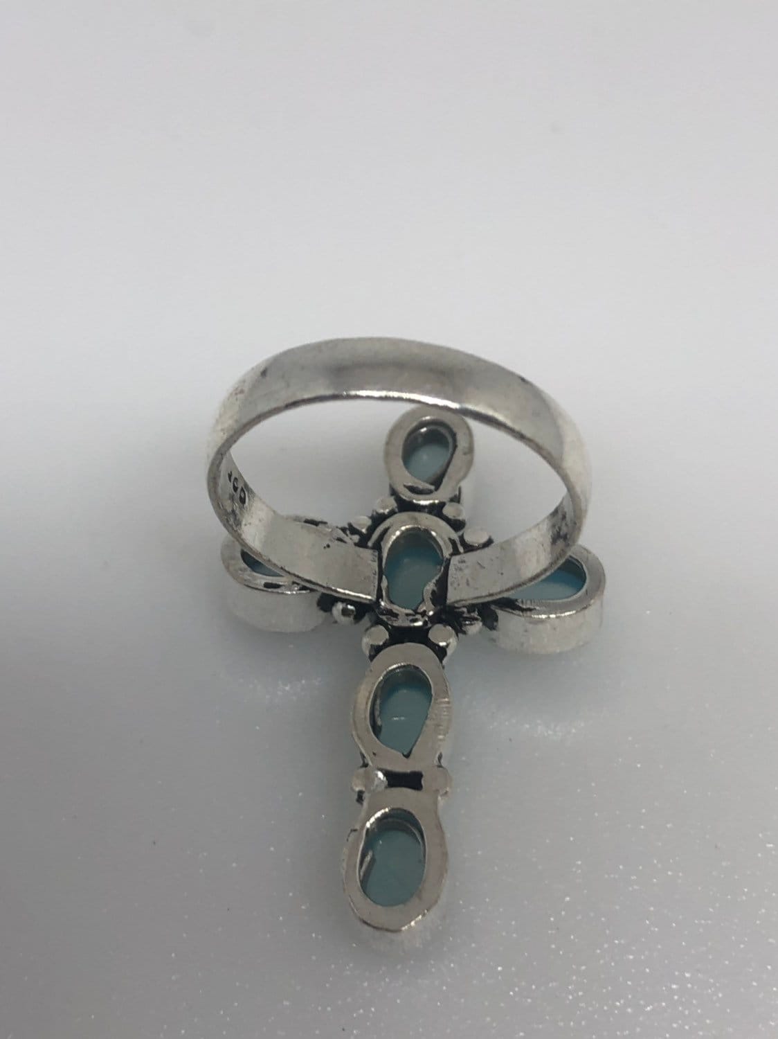 Vintage Genuine Blue chalcedony Cross Silver Ring