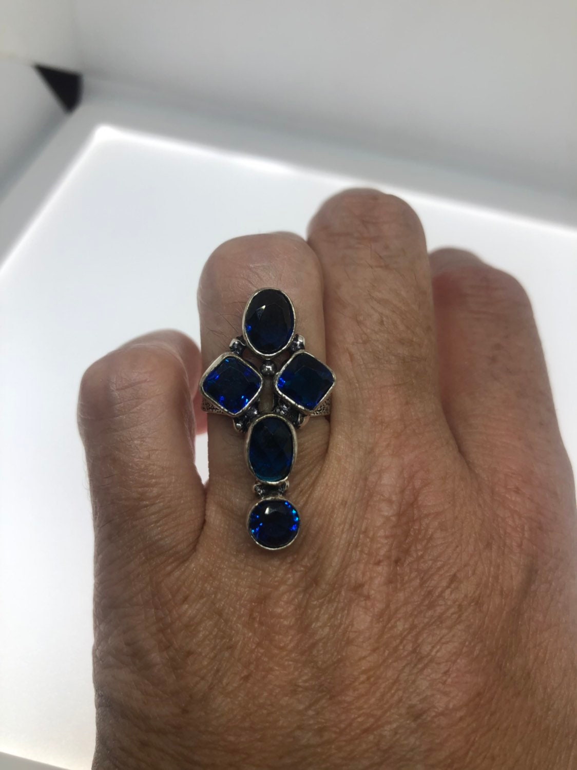 Vintage Genuine Blue Glass Cross Silver Ring