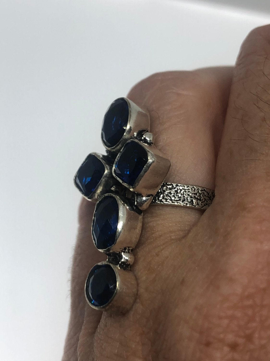 Vintage Genuine Blue Glass Cross Silver Ring