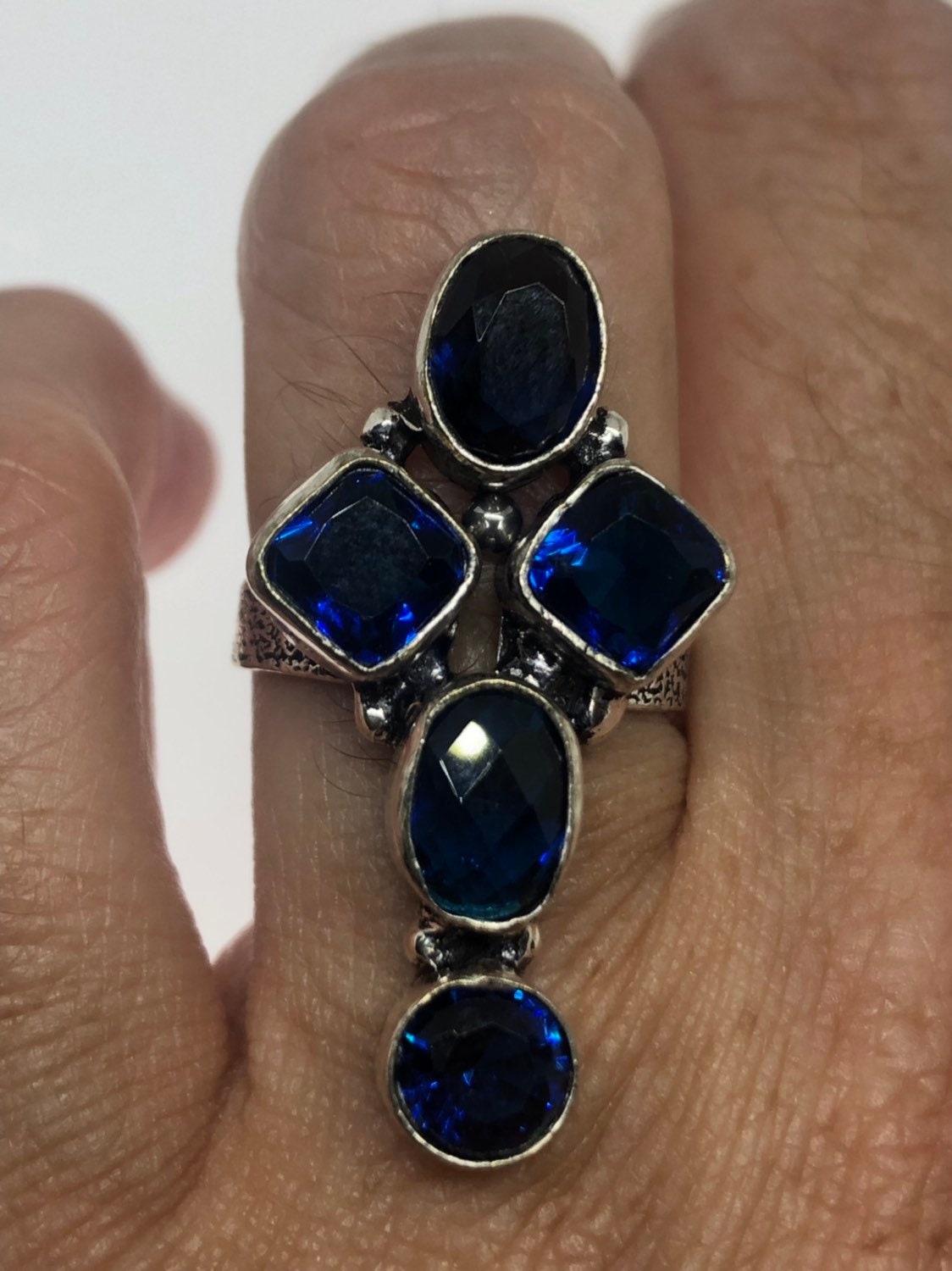 Vintage Genuine Blue Glass Cross Silver Ring