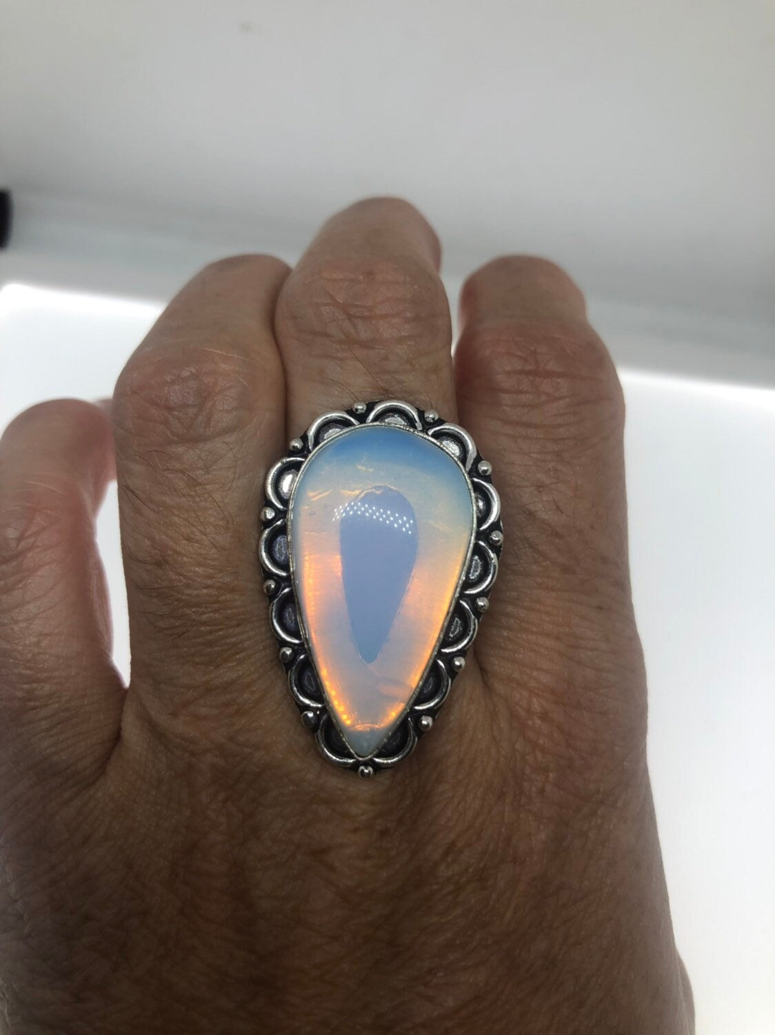 Vintage Blue White Opal Art Glass Ring Statement