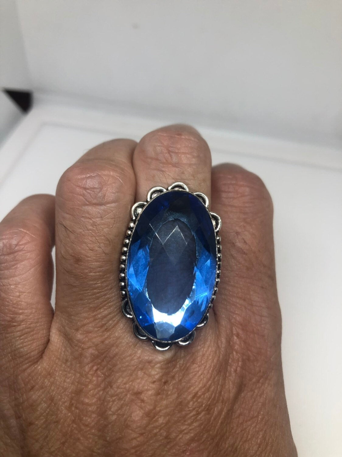 Vintage Blue Vintage Art Glass Ring About 1 Inch Long Knuckle Ring