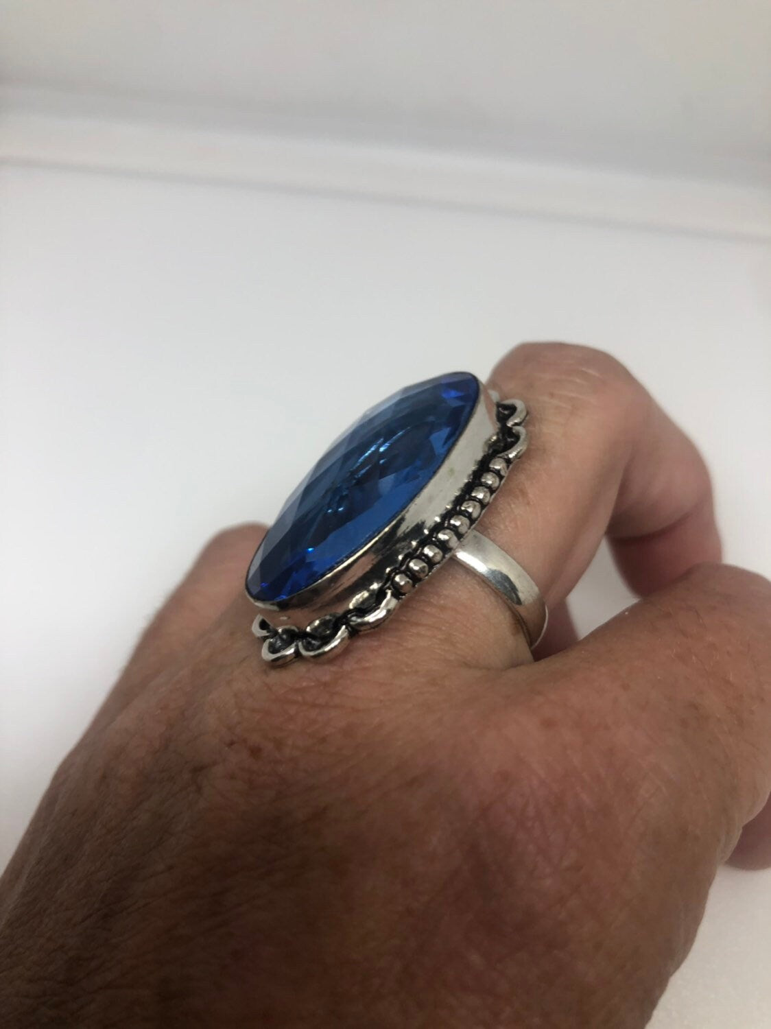 Vintage Blue Vintage Art Glass Ring About 1 Inch Long Knuckle Ring