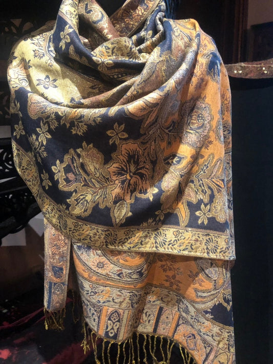 Vintage Blue Metallic Paisley Brocade Pashmina Scarf Wrap