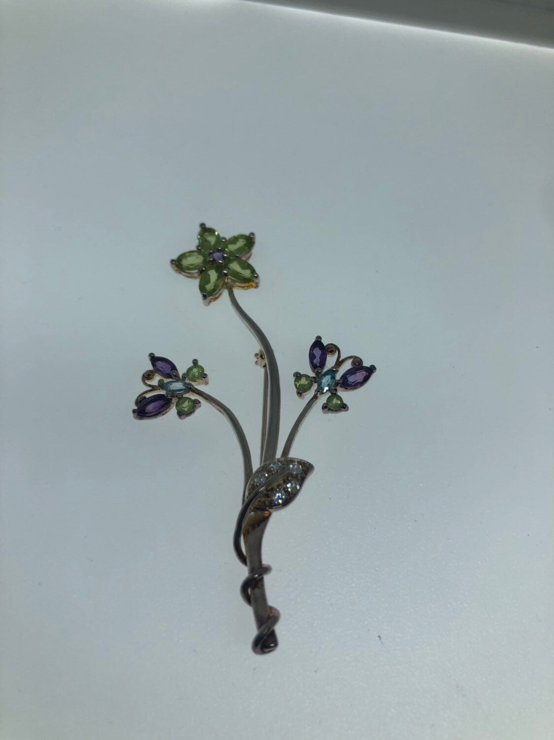 Antique Brooch 925 Sterling Silver Genuine Peridot and Gemstone Flower Pin