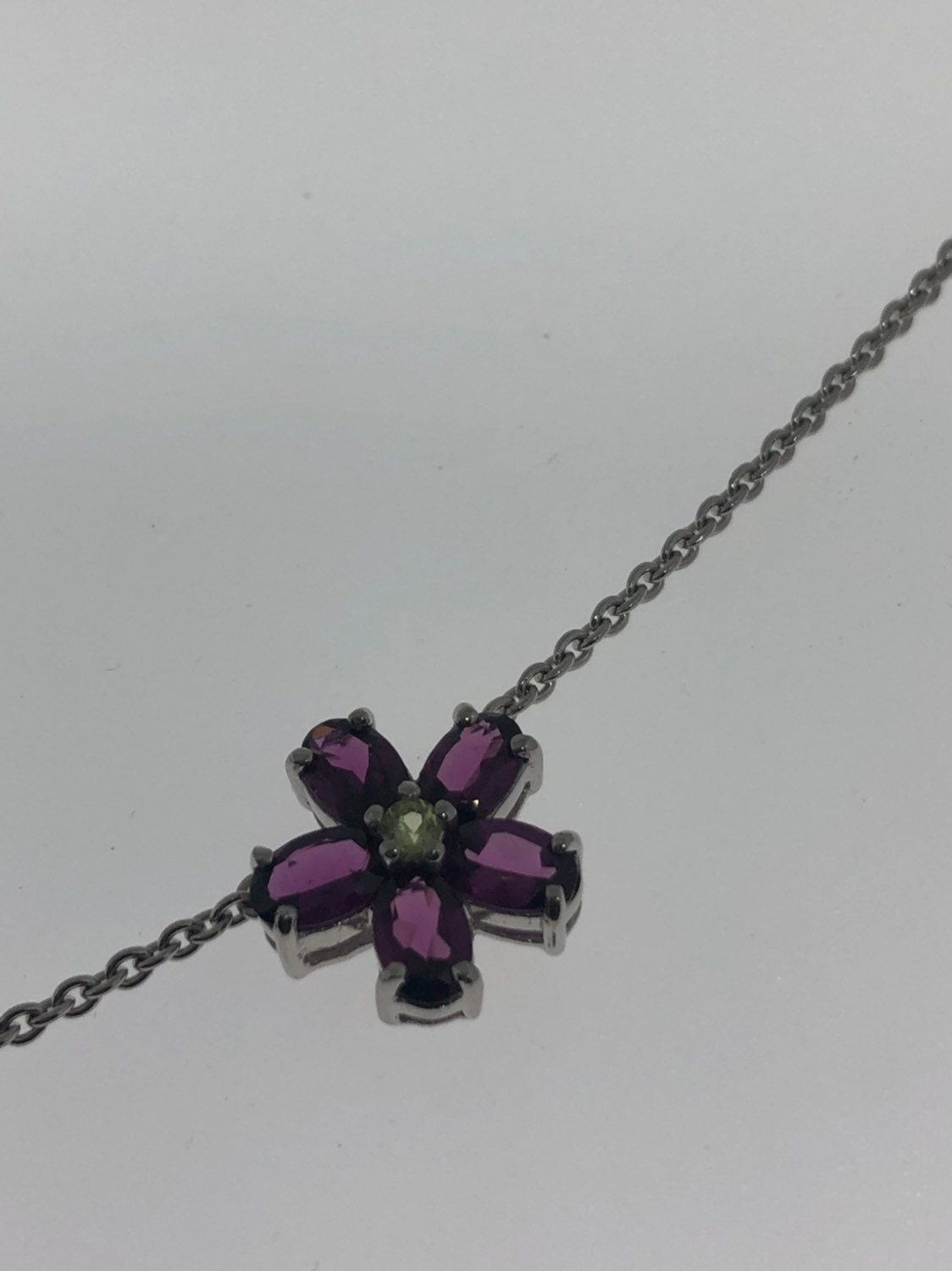 Vintage Handmade 925 Sterling Silver Purple Amethyst and Peridot Flower Necklace
