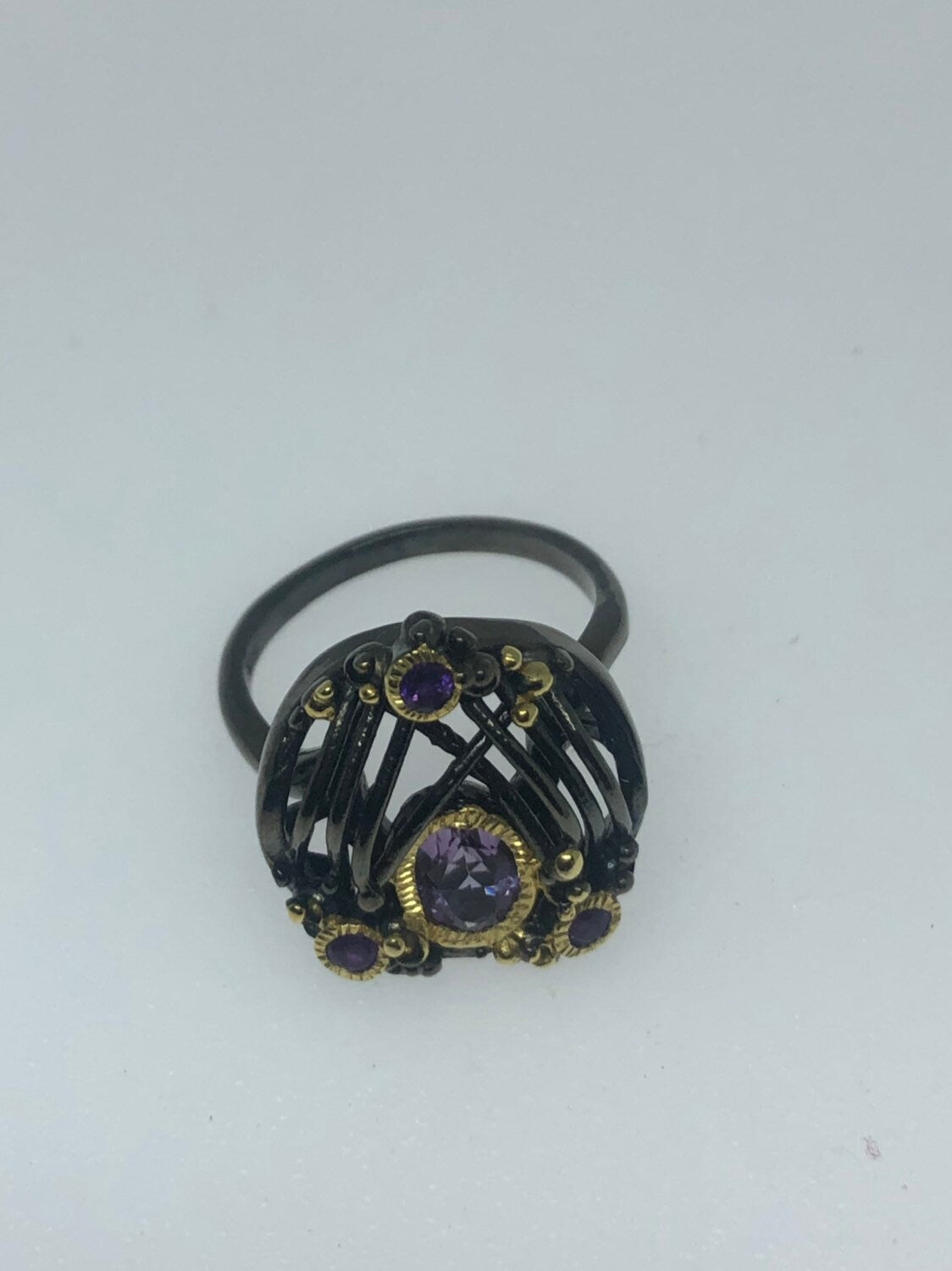 Vintage Handmade Genuine Purple Amethyst Filigree Setting 925 Sterling Silver Gothic Ring