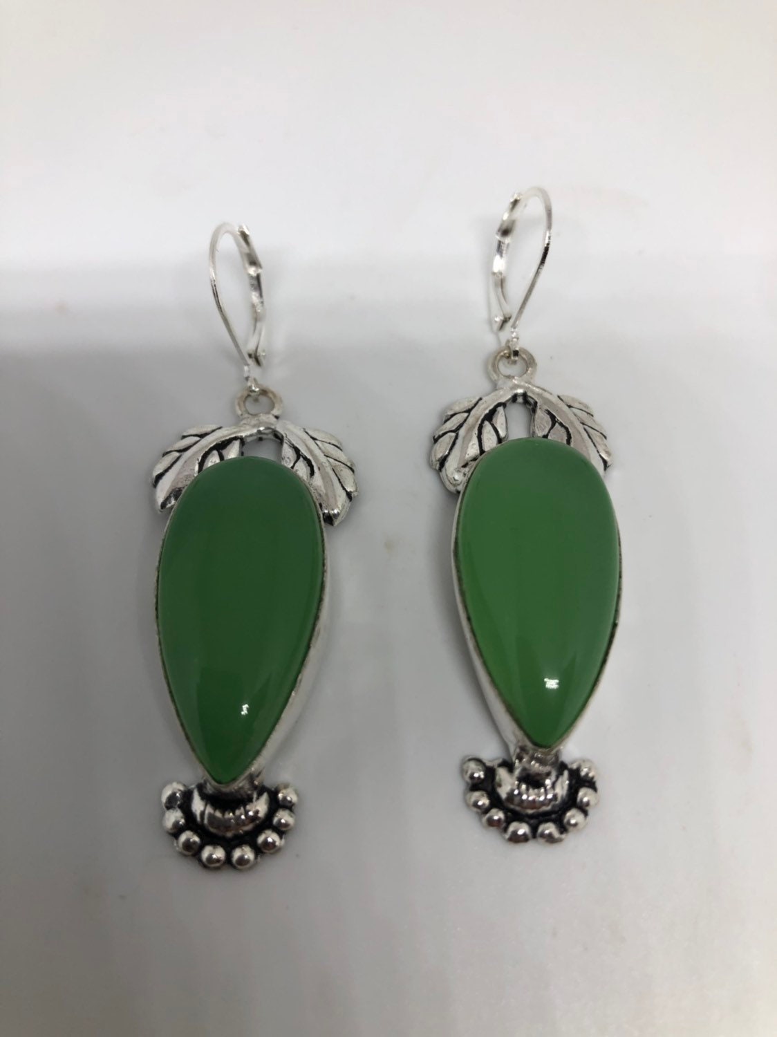 Vintage Fun Green Jade Gemstone Silver Earrings