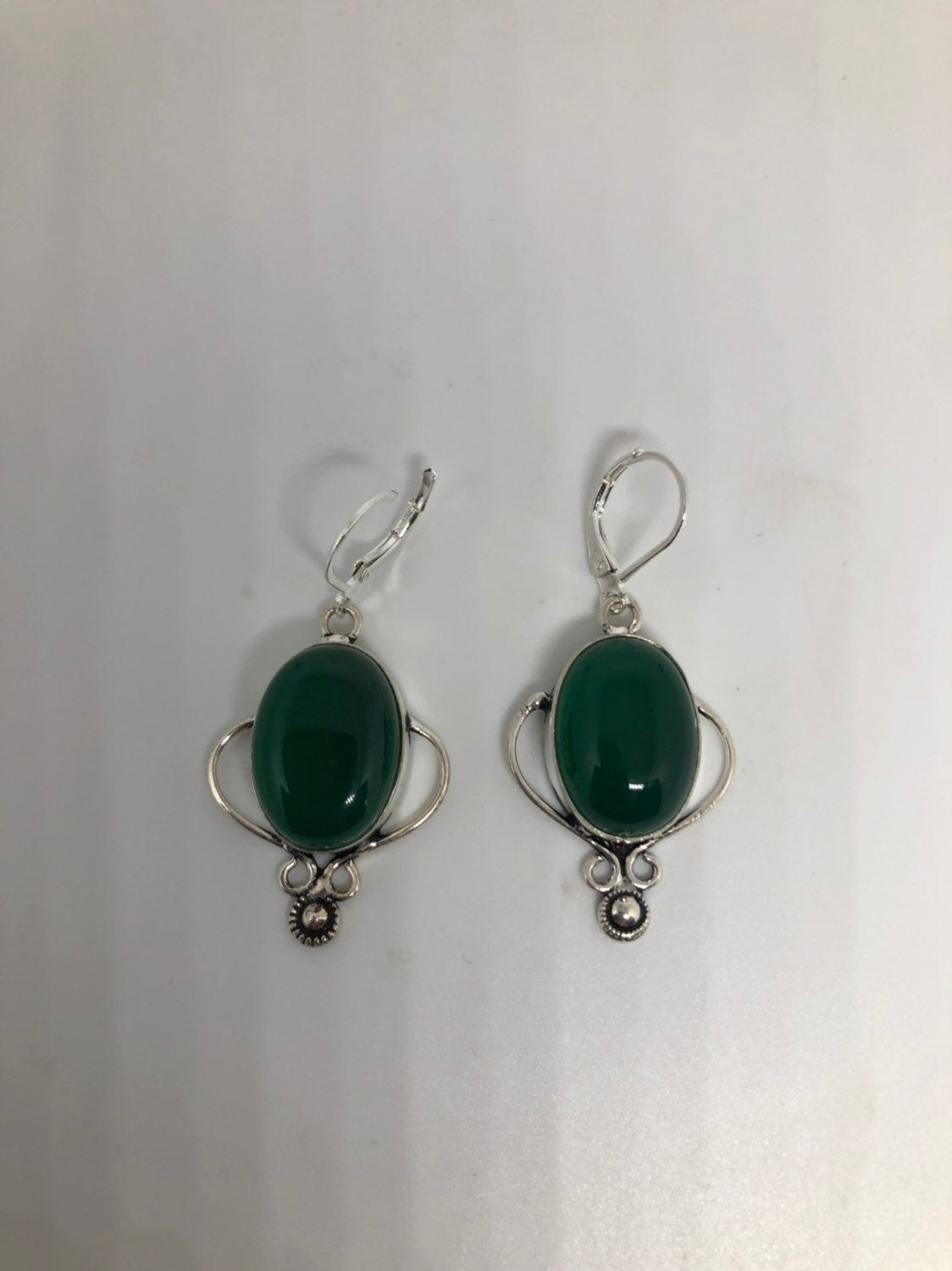 Antique Vintage Green Chrysoprase Silver Dangle Earrings