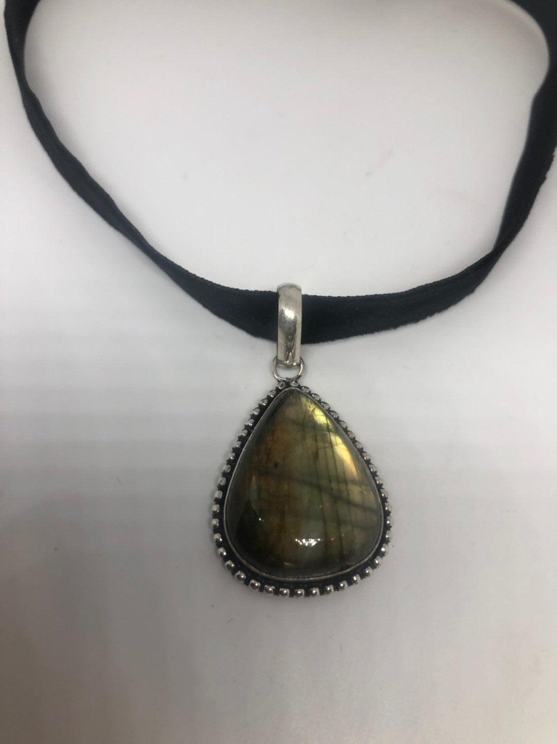 Vintage Silver Genuine Green Labradorite Gemstone Necklace