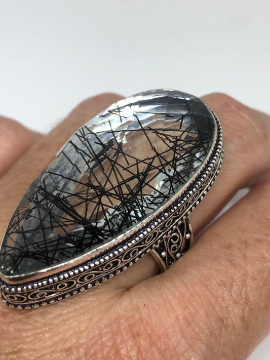 Vintage Faux Black rutile Vintage Art Glass Long Knuckle Ring