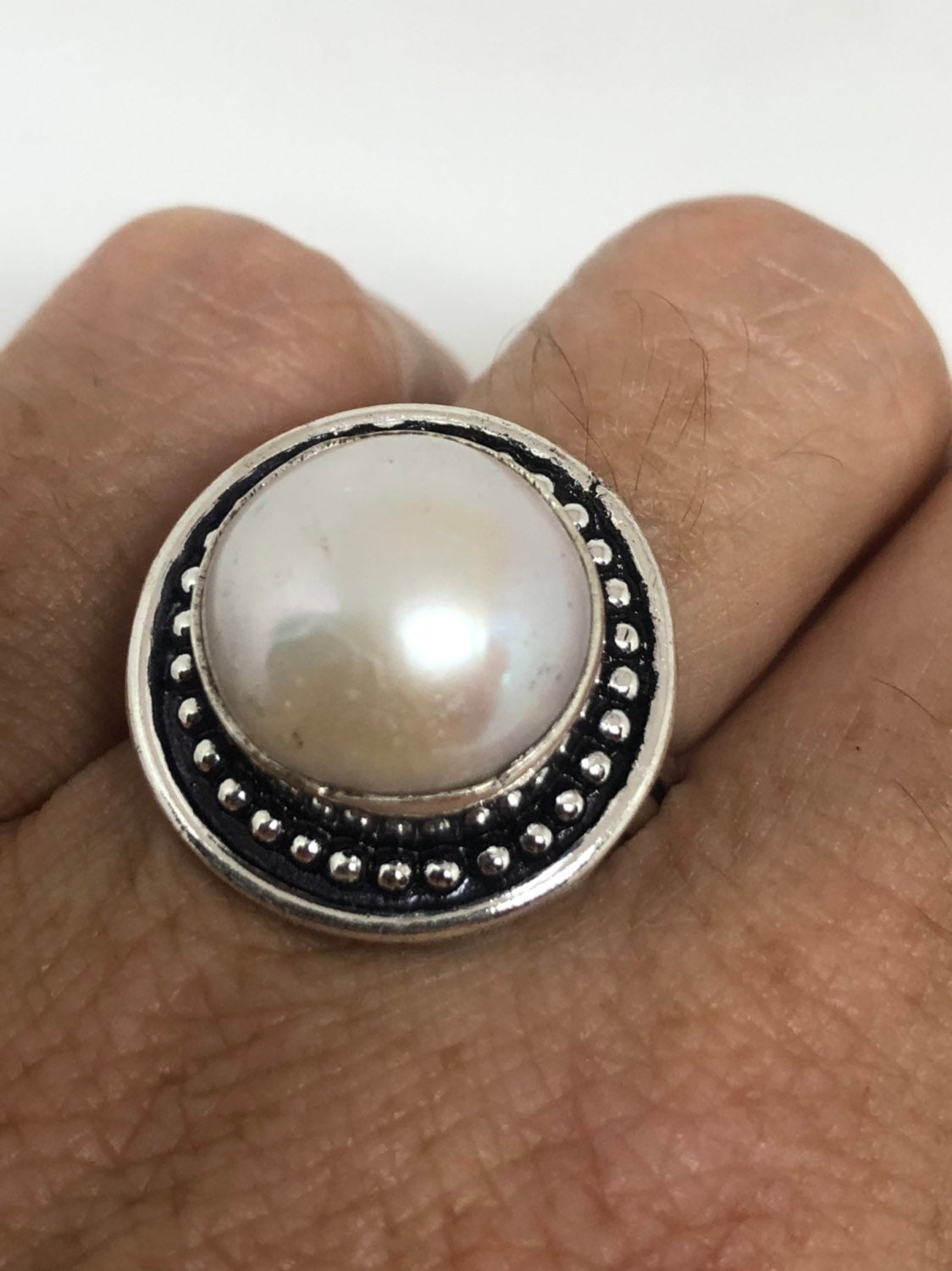 Vintage White Genuine Pearl Silver Cocktail Ring