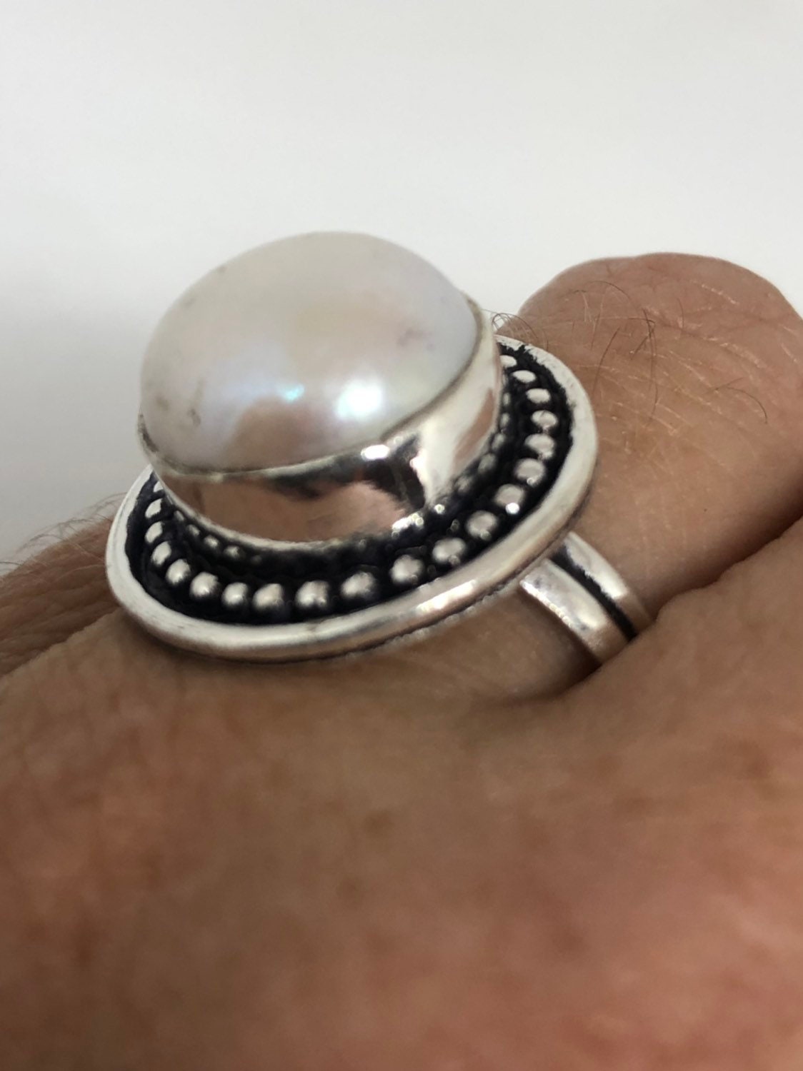 Vintage White Genuine Pearl Silver Cocktail Ring