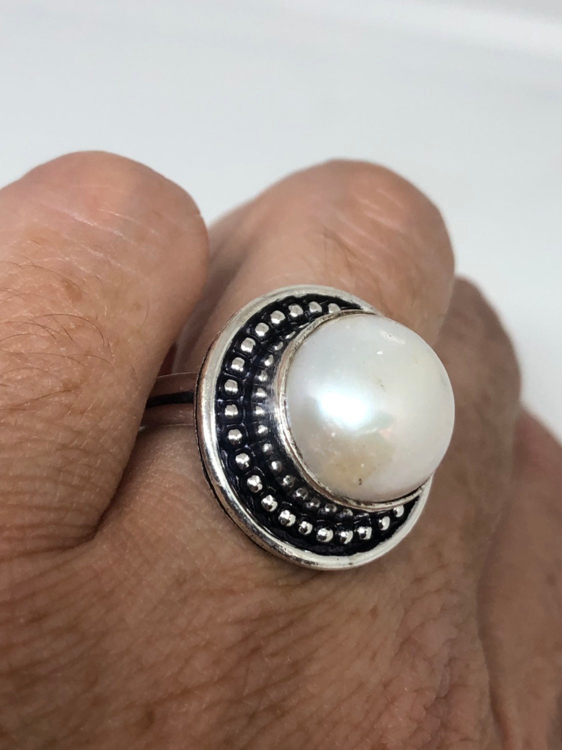 Vintage White Genuine Pearl Silver Cocktail Ring