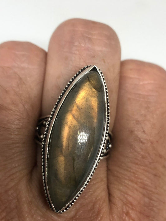 Vintage Blue Green Labradorite Stone Silver Ring