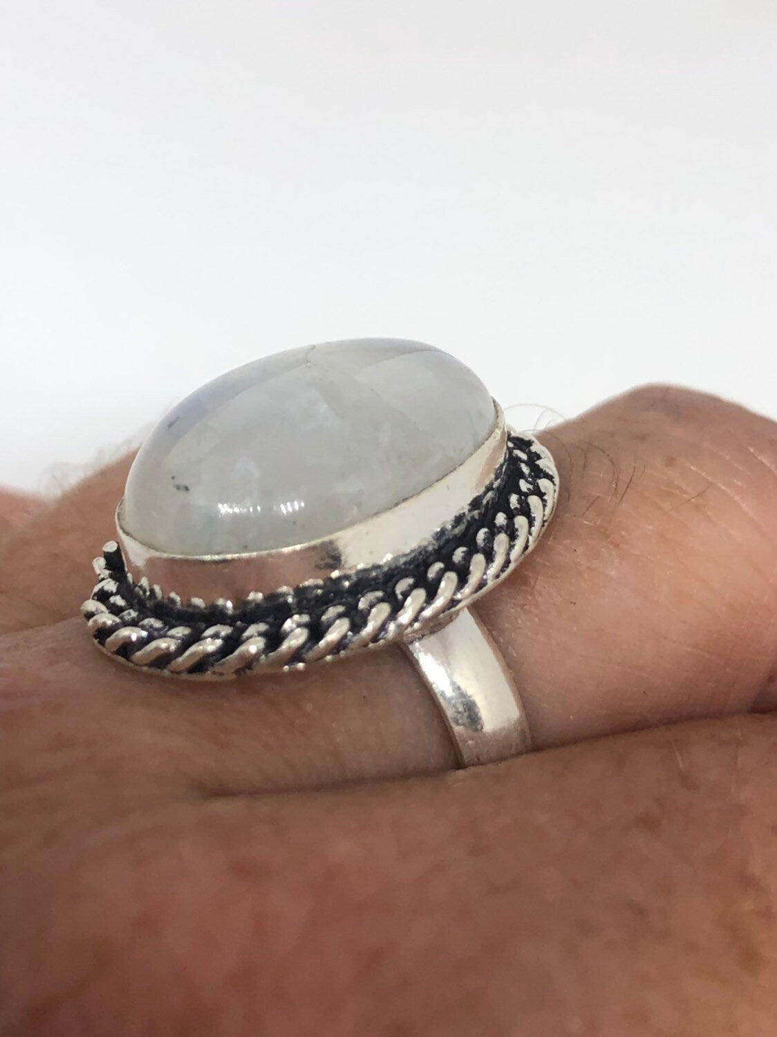 Vintage Genuine Blue White Rainbow Moonstone Ring