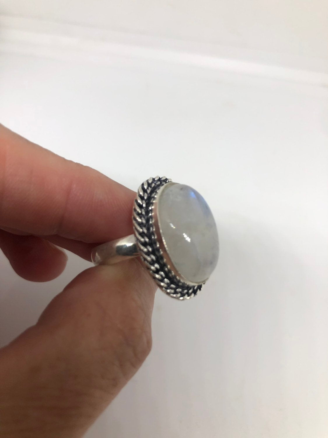 Vintage Genuine Blue White Rainbow Moonstone Ring