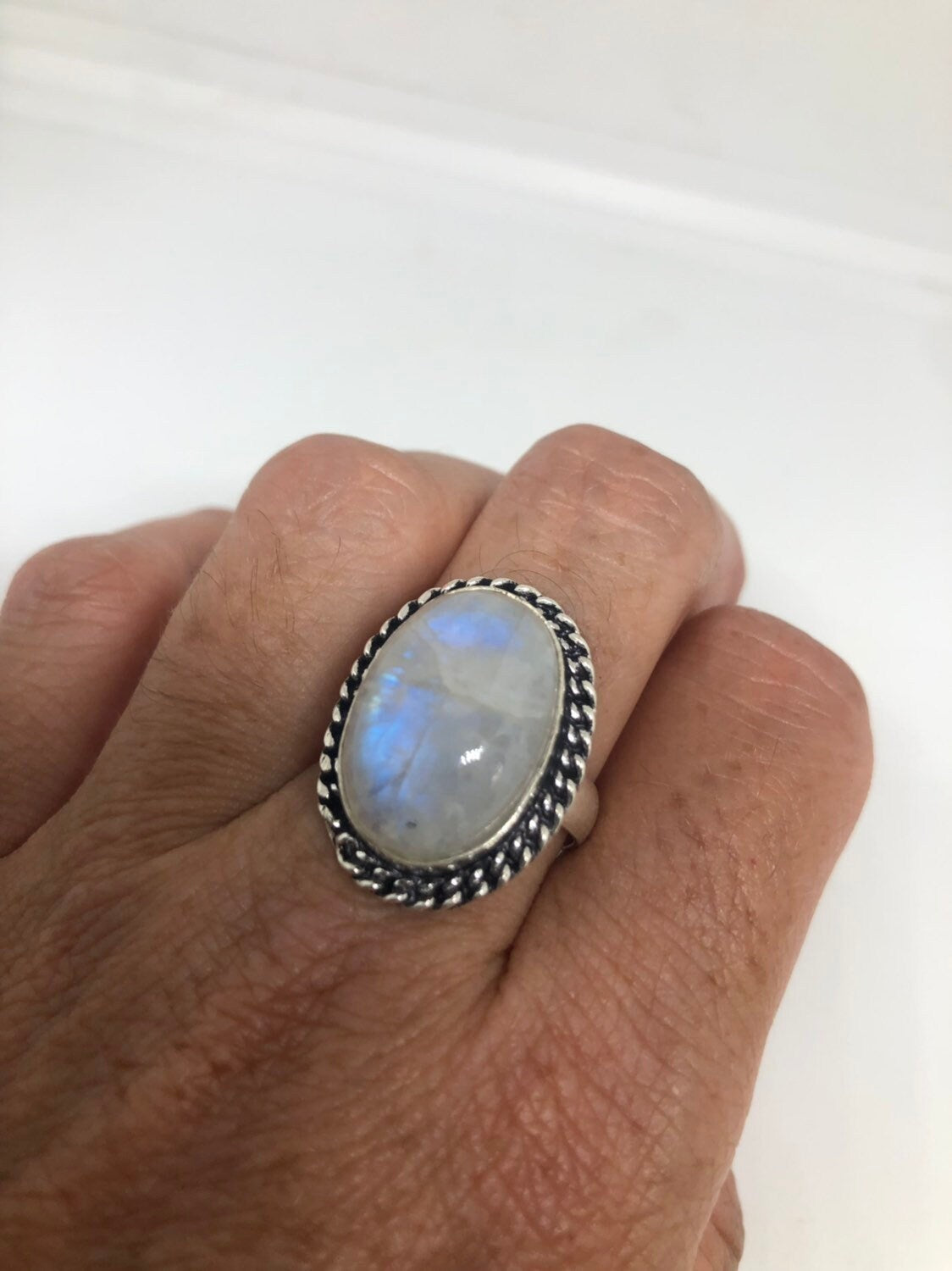 Vintage Genuine Blue White Rainbow Moonstone Ring