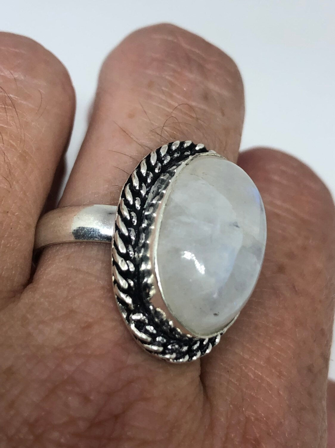 Vintage Genuine Blue White Rainbow Moonstone Ring