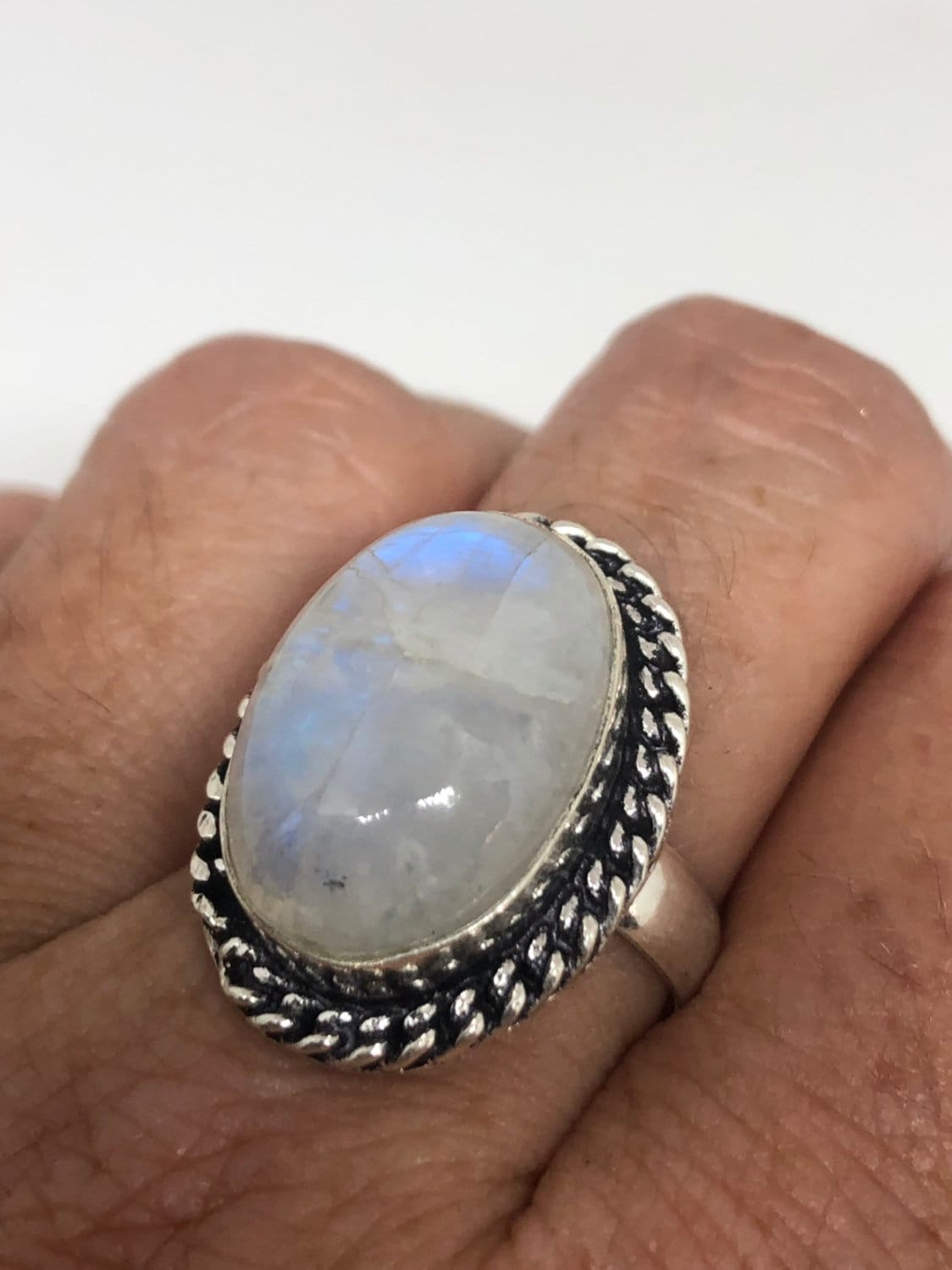 Vintage Genuine Blue White Rainbow Moonstone Ring