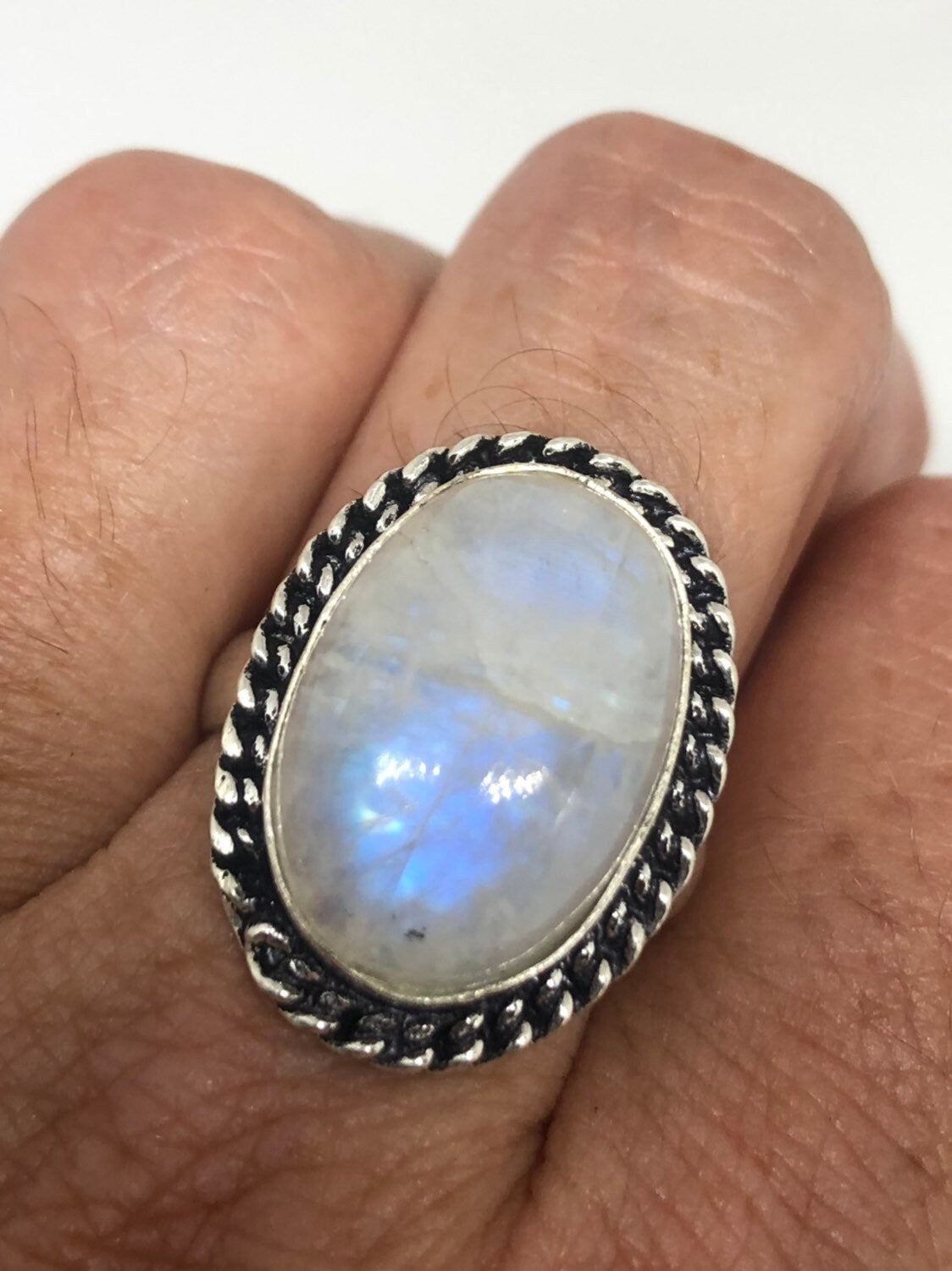 Vintage Genuine Blue White Rainbow Moonstone Ring