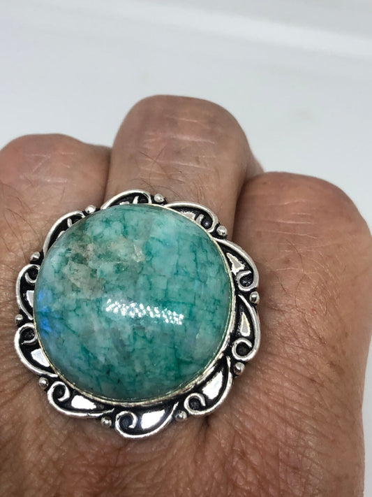 Vintage Genuine Green dyed Rainbow Moonstone Ring