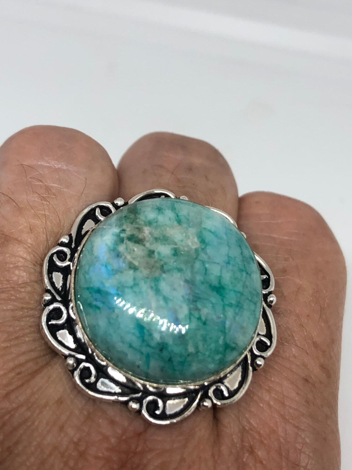 Vintage Genuine Green dyed Rainbow Moonstone Ring