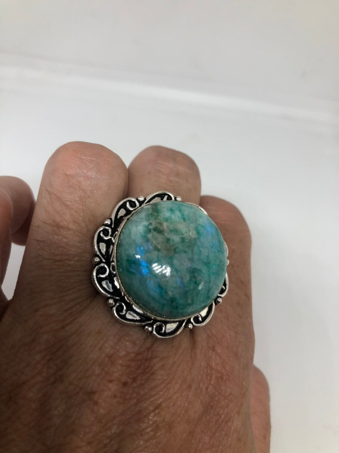 Vintage Genuine Green dyed Rainbow Moonstone Ring