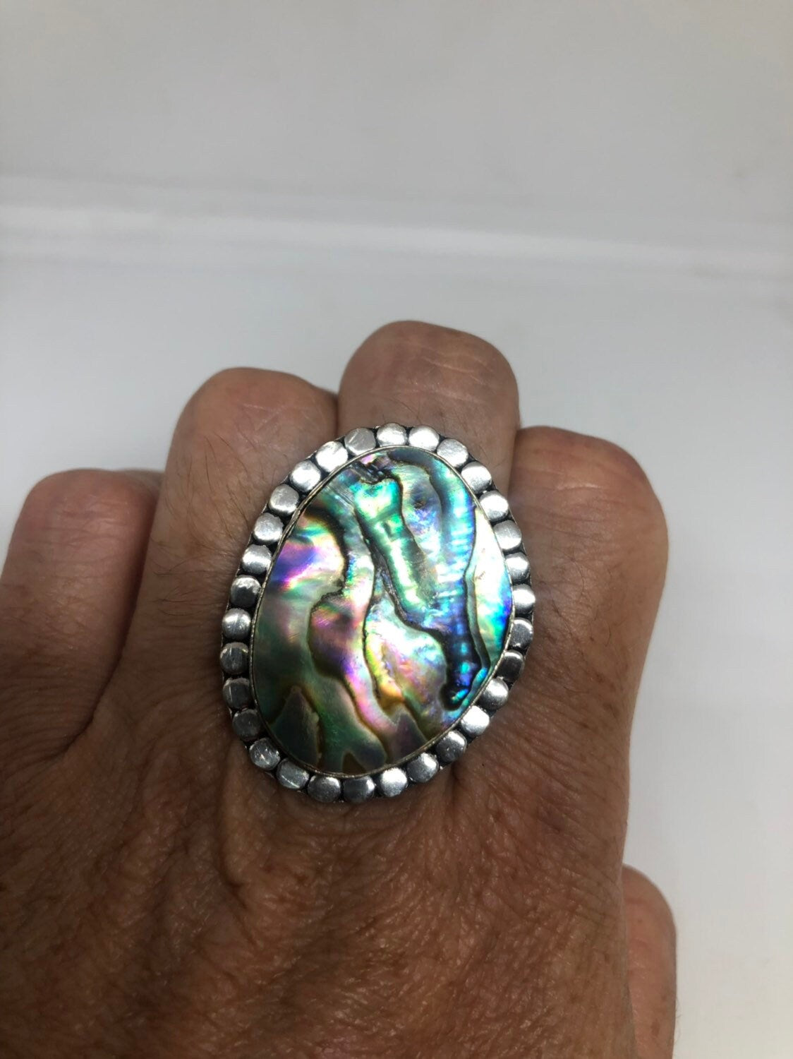 Antique Green Abalone White Bronze Silver Ring