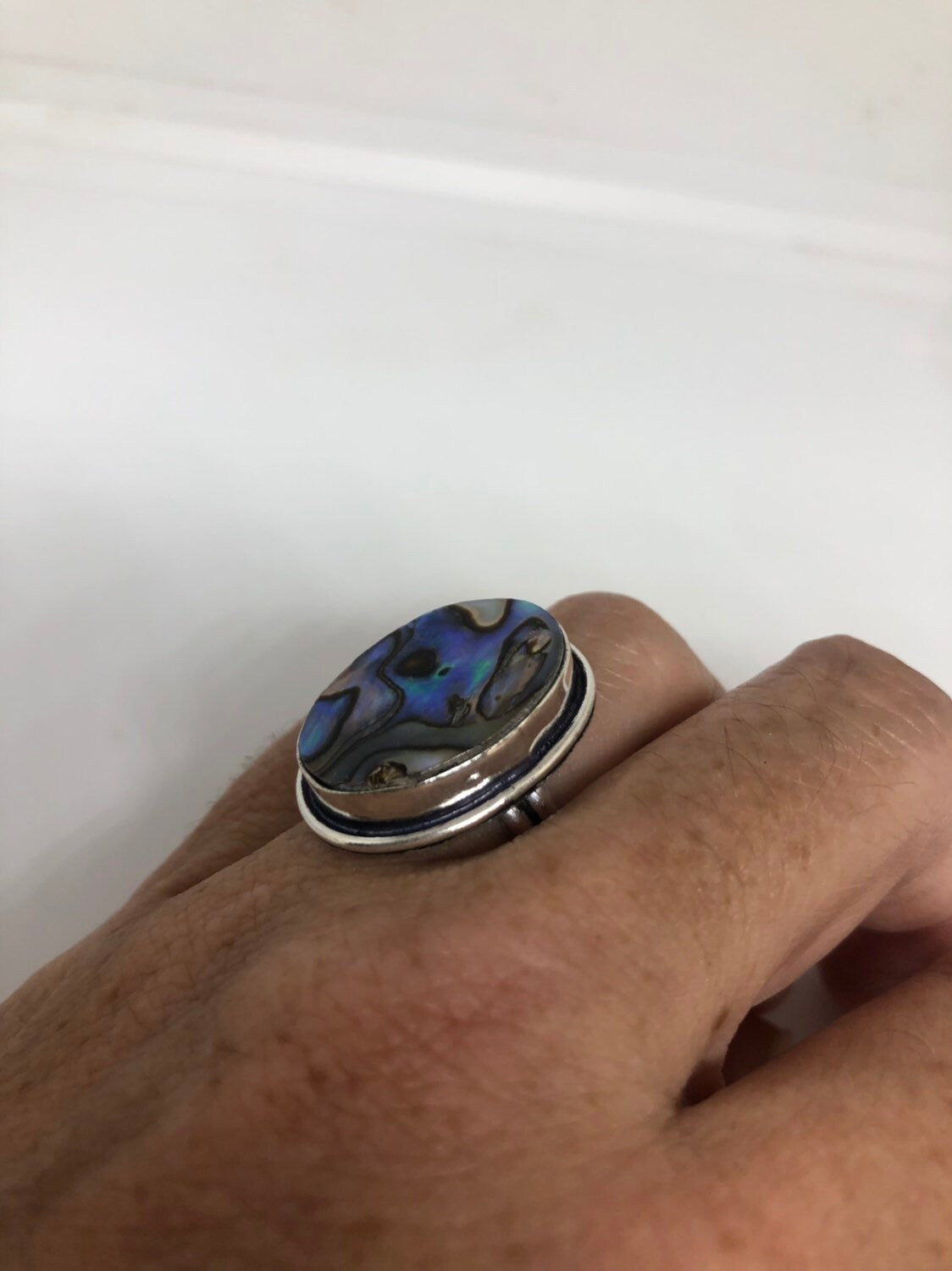 Antique Green Abalone White Bronze Silver Ring