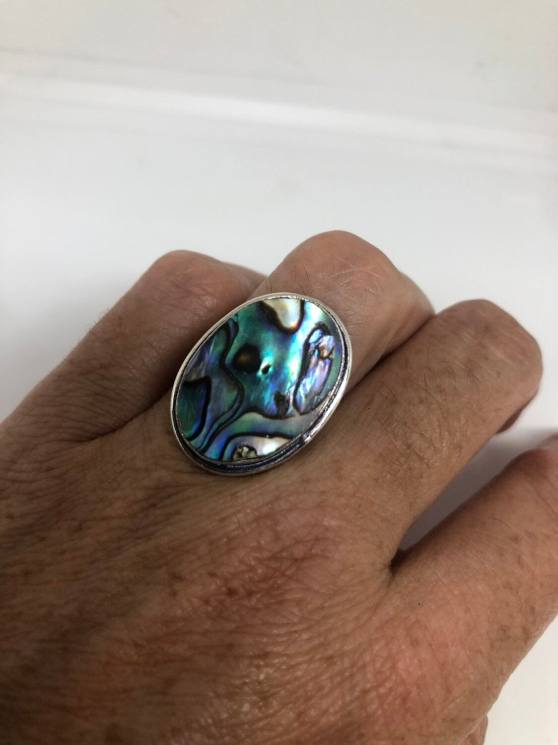 Antique Green Abalone White Bronze Silver Ring