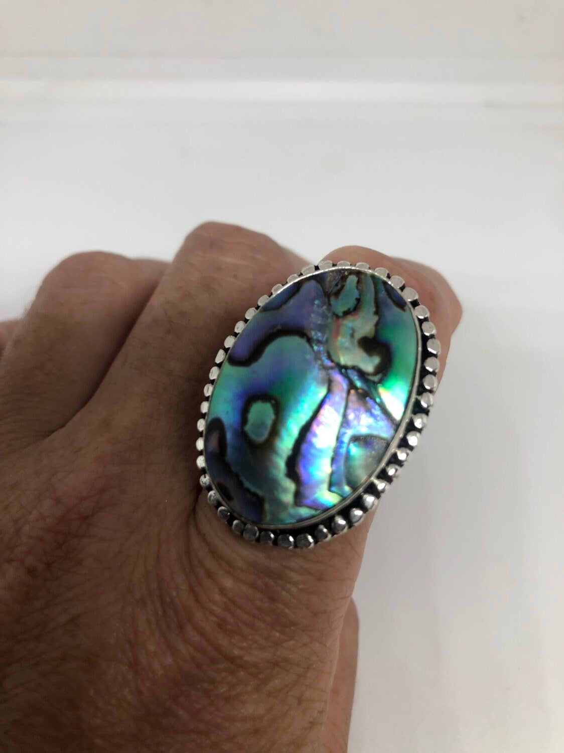 Antique Green Abalone White Bronze Silver Ring