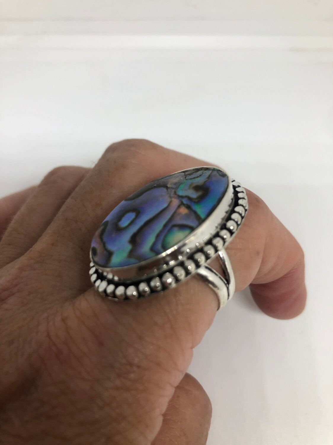 Antique Green Abalone White Bronze Silver Ring