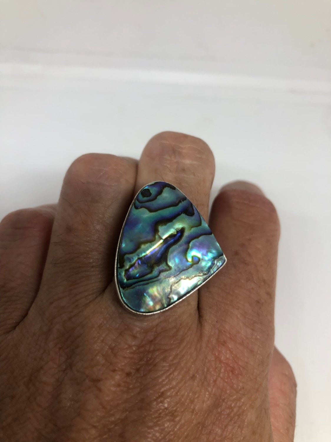 Antique Green Abalone White Bronze Silver Ring