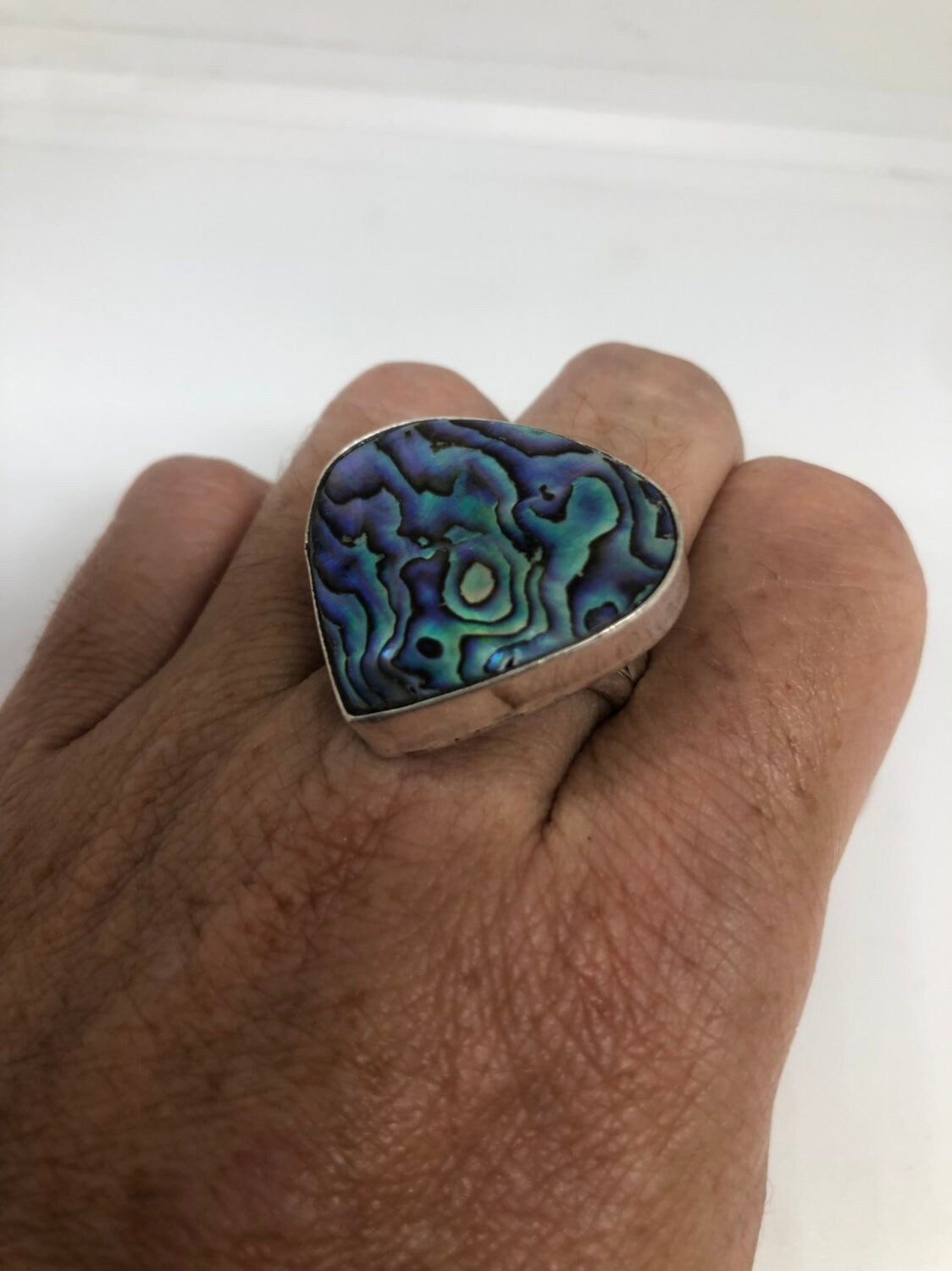 Antique Green Abalone White Bronze Silver Ring