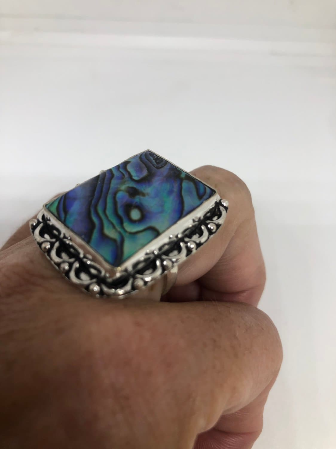 Antique Green Abalone White Bronze Silver Ring