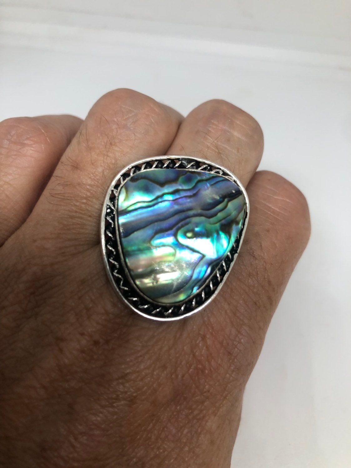 Antique Green Abalone White Bronze Silver Ring