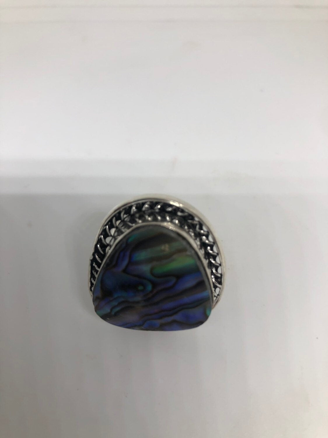 Antique Green Abalone White Bronze Silver Ring