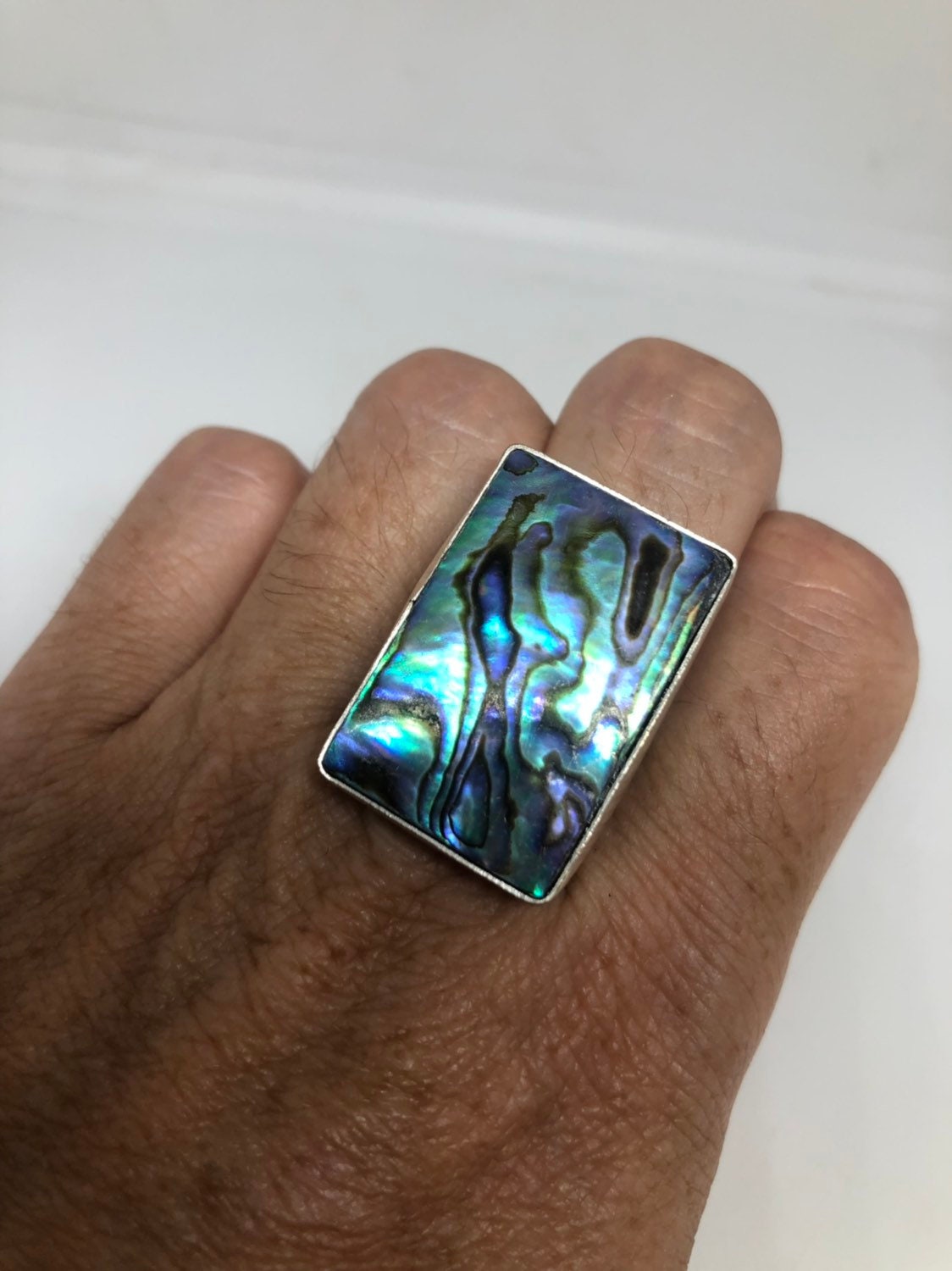 Antique Green Abalone White Bronze Silver Ring