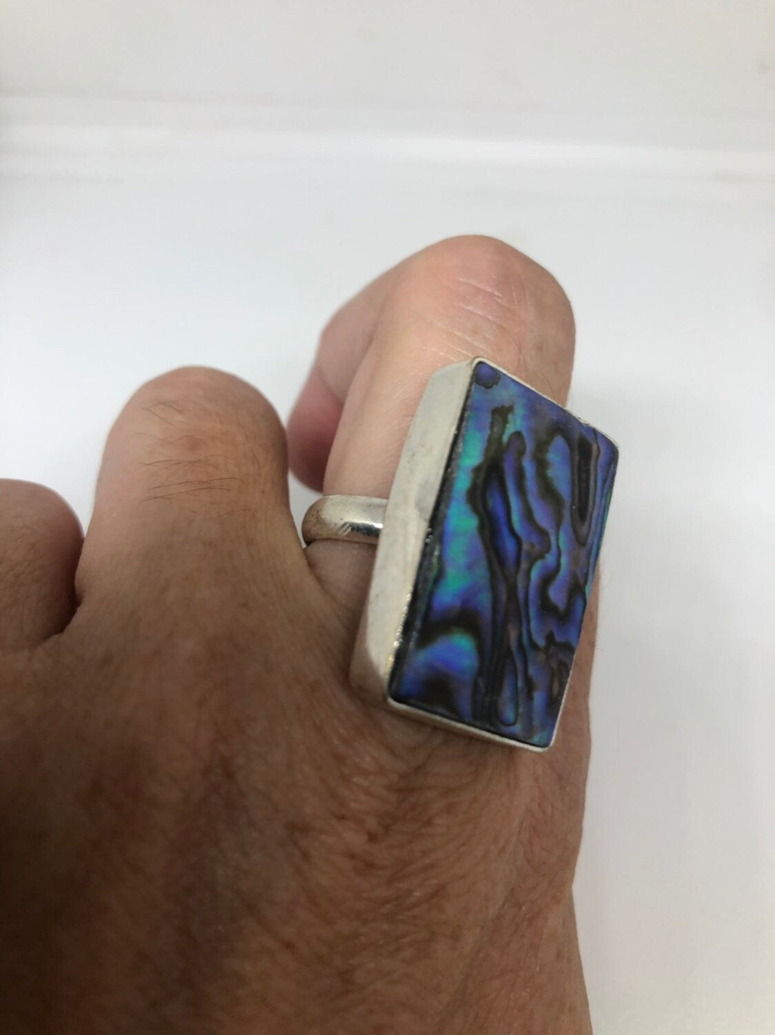 Antique Green Abalone White Bronze Silver Ring