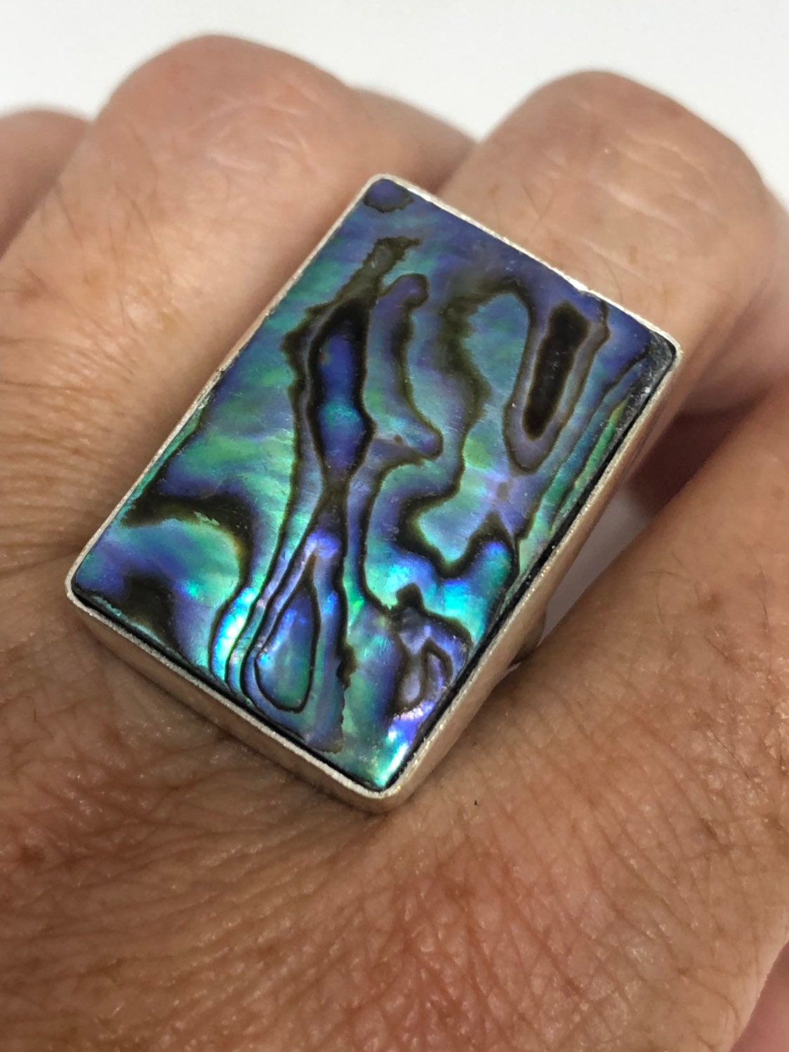 Antique Green Abalone White Bronze Silver Ring