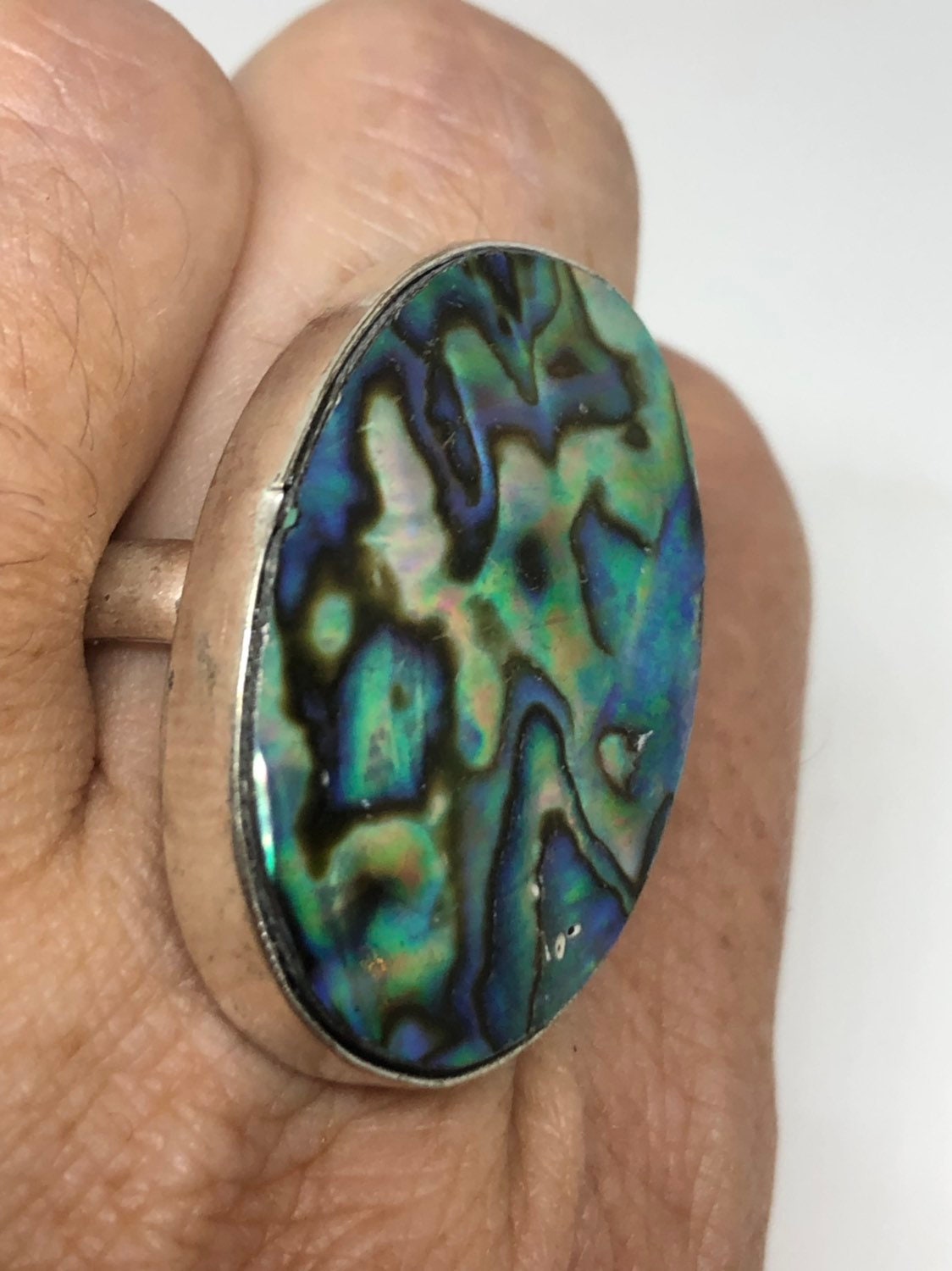 Antique Green Abalone White Bronze Silver Ring