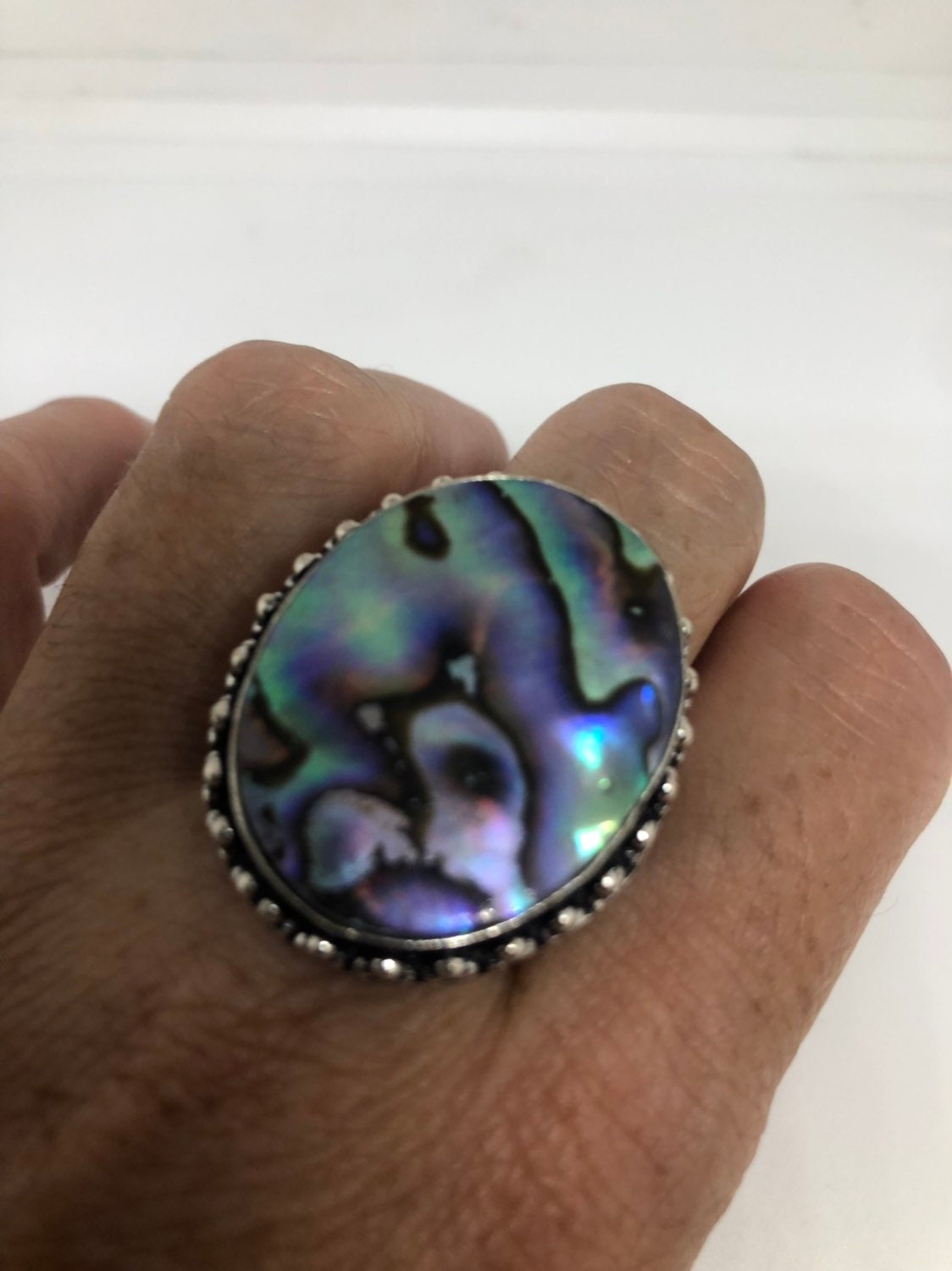 Antique Green Abalone White Bronze Silver Ring