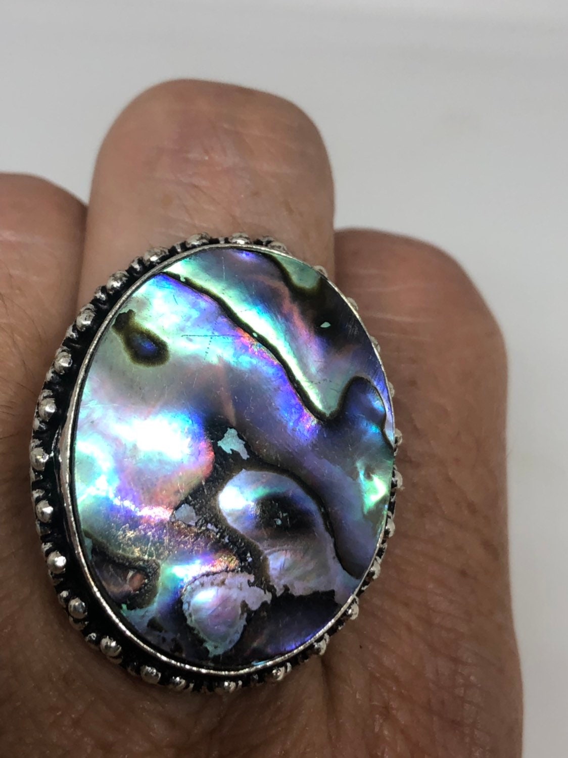 Antique Green Abalone White Bronze Silver Ring