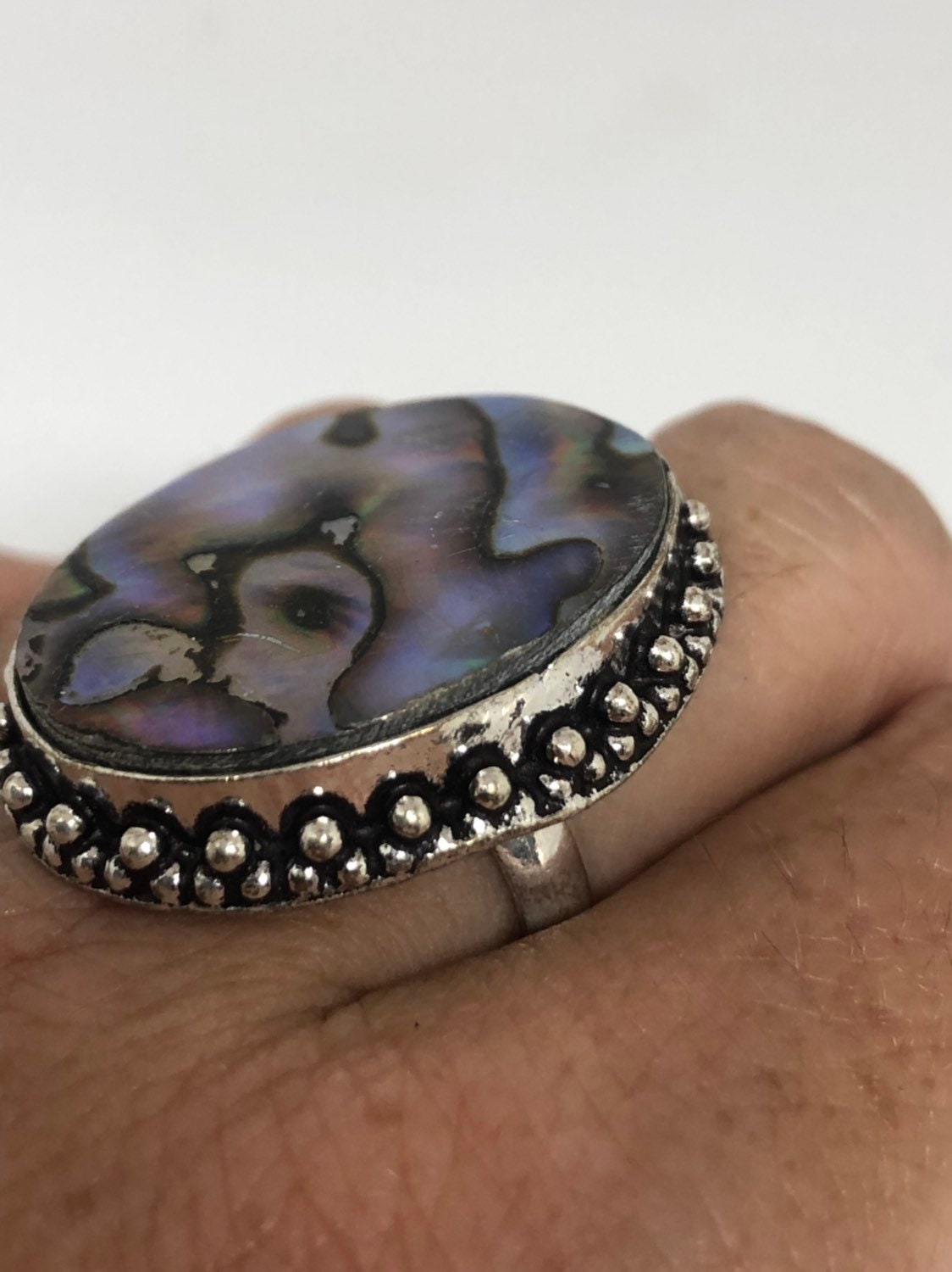 Antique Green Abalone White Bronze Silver Ring