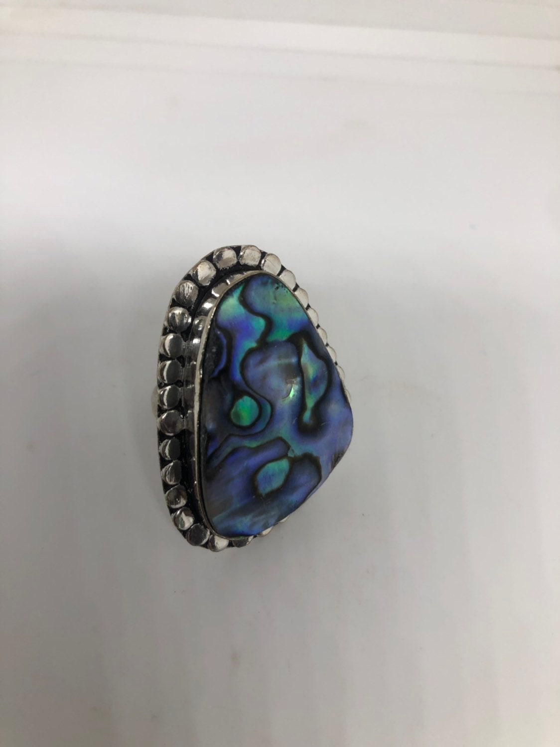 Antique Green Abalone White Bronze Silver Ring